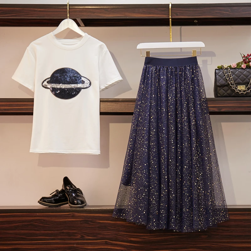 Banulin Plus Size Summer Women Sequined Planet Pattern Short Sleeve Tshirt+Sequined Mesh Tulle Mid Calf Skirts 2pcs Set Suit Banulin Plus Size Summer Women Sequined Planet Pattern Short Sleeve Tshirt+Sequined Mesh Tulle Mid Calf Skirts 2pcs Set Suit