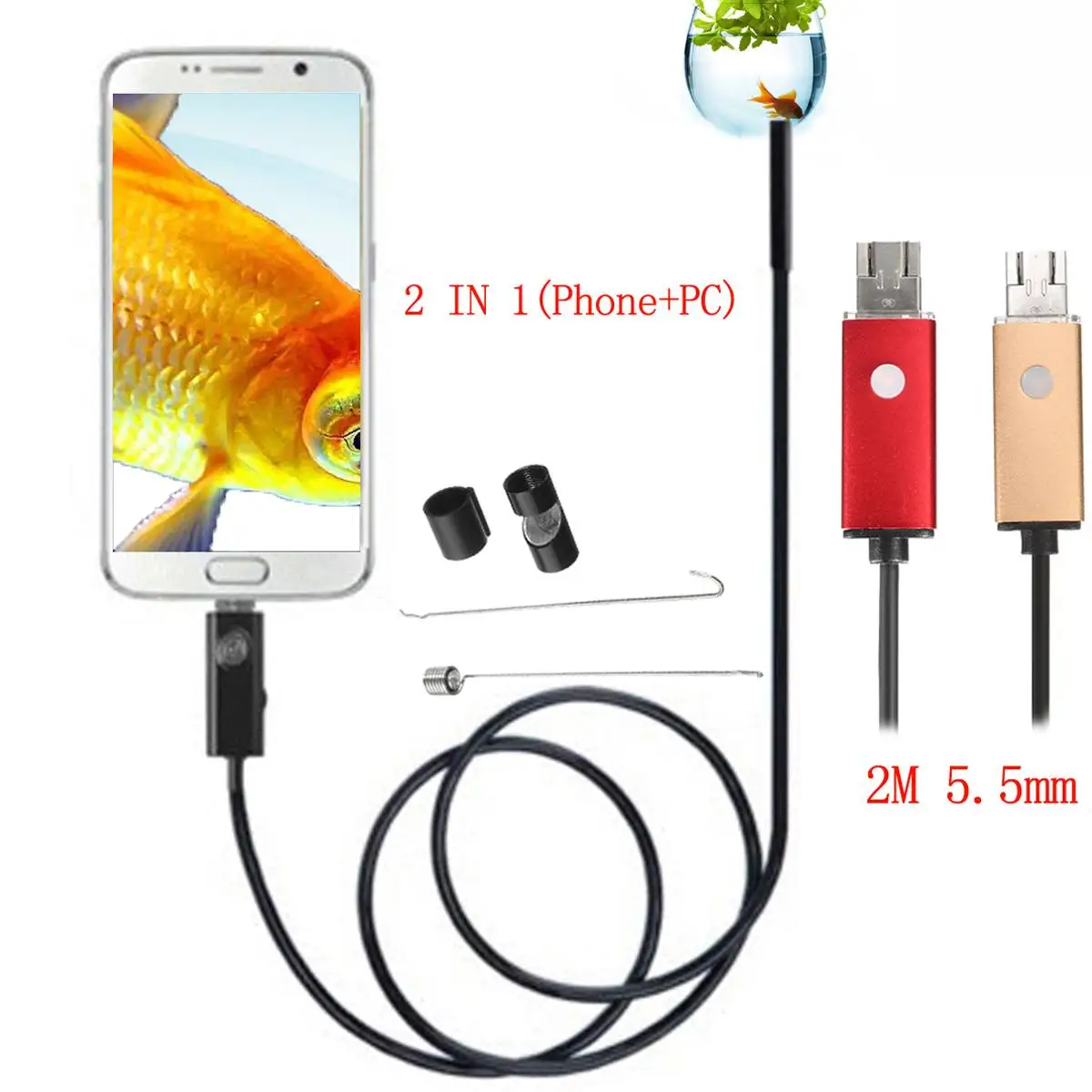 

NEW 2 In 1 2M 5.5mm 6 LED USB Endoscope Inspection Camera Endoscope Waterproof For Phone PC Android Borescope Camera