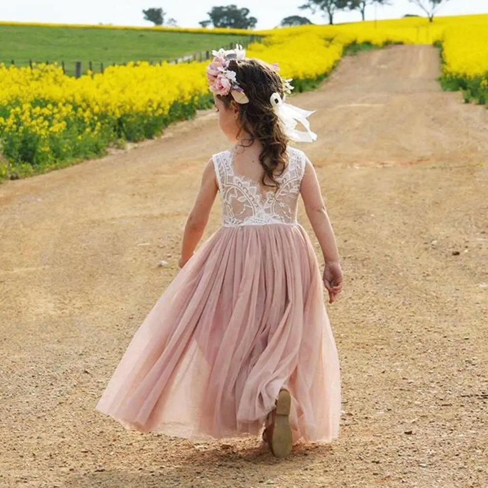 

Toddler Kids Baby Girls Dress Flower Lace Neck Sleeveless Backless Back V Tulle Party Dress Bridesmaid Pageant Dresses