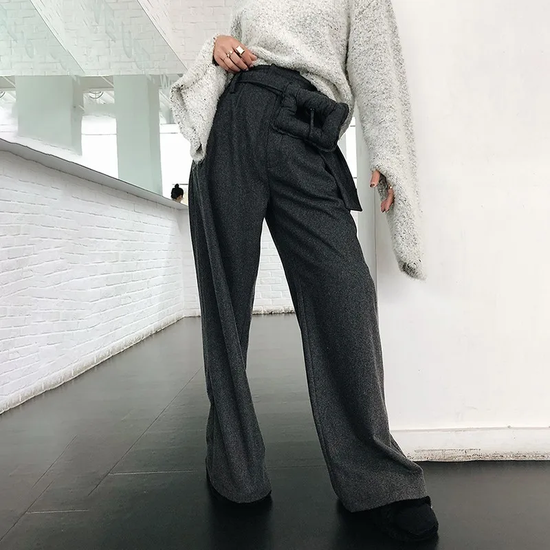 TWOTWINSTYLE корейские шерстяные брюки для женщин Высокая талия с поясом длинные серые брюки женские Осень Зима Повседневная мода