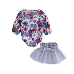 Милые детские одежда для девочек Нижняя кнопка для девочек цветочные каждый день, нарядный боди Повседневное с плиссированная юбка летняя