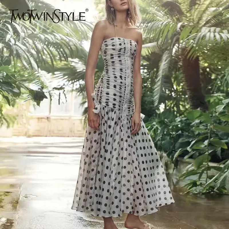 

TWOTWINSTYLE Sexy Black Dot Long Dress Women Sleeveless High Waist Ruched Off Back Elegant Female Clothing Summer 2019 Tide New
