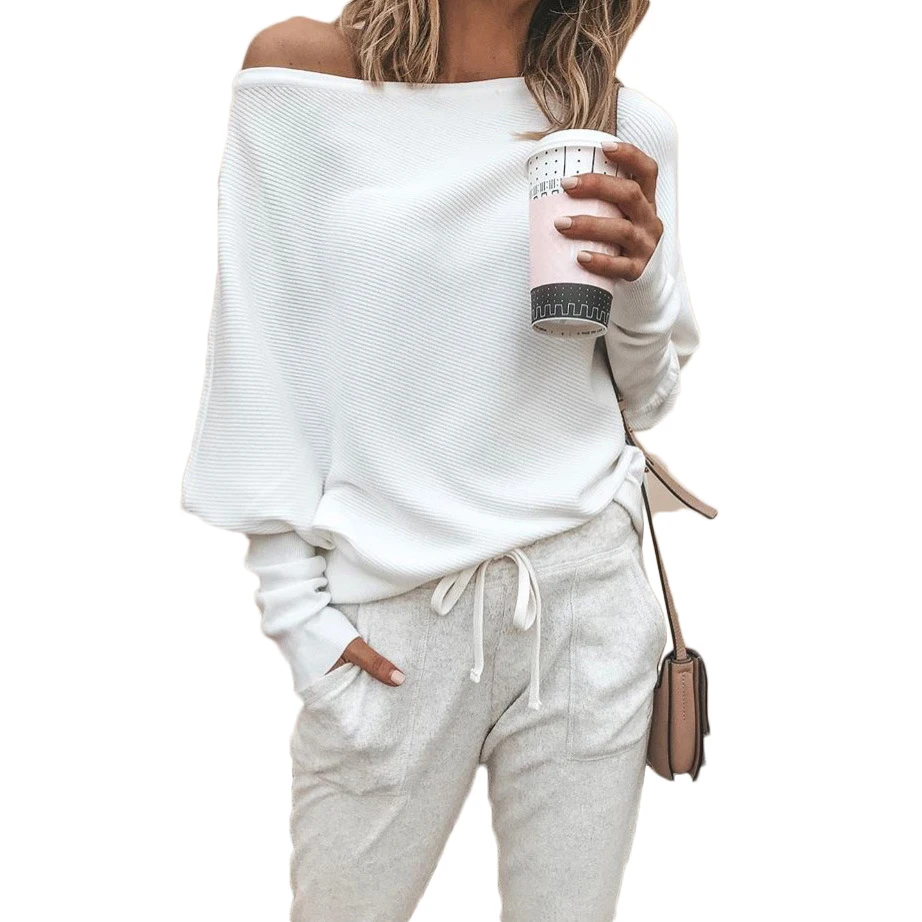 2018 New Chic Womens Sweater Soft Off Shoulder Sweats Long Sleeve Jumpers Computer Knitted Pink Solid Pullover Tops | Женская одежда