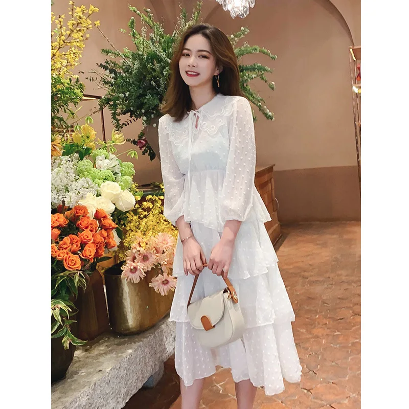 

Chiffon Dress Female 2019 Girls Spring Sweet Lovely Cute Organza Peter Pan Collar Cake Shirt Girls Dames Jurken Student A167