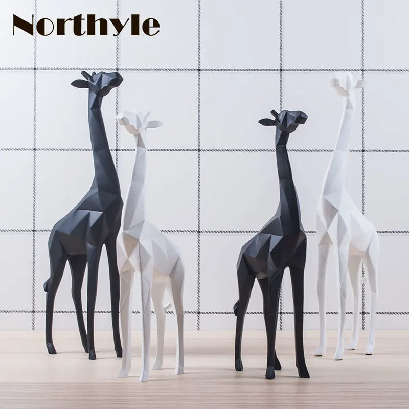 

Modern paper folding style animal giraffe statue white figurine of home decoration black animal sculpture house ornament