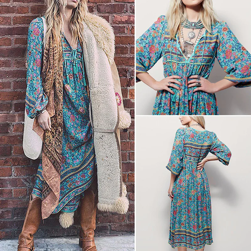 

Women Summer Floral Beach Boho Gypsy Long Sundress Casual Maxi Dress Plus S~2XL