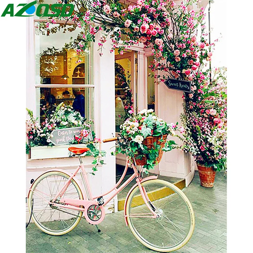 

AZQSD Diamond Painting Bicycle Landscape Full Square Daimond Mosaic Needlework Diamond Embroidery Flower Shop Scenery Home Decor