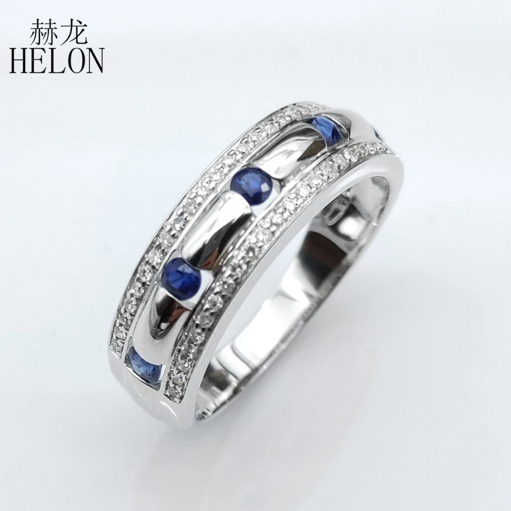 

HELON Solid 10k White Gold Certified Round 0.65ct Natural Sapphires & Diamonds Engagement Wedding Men Ring Trendy Party Jewelry