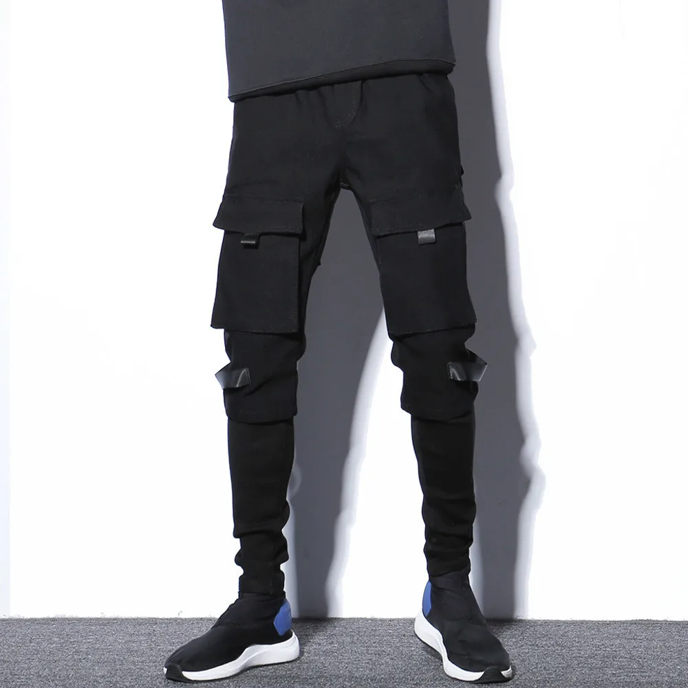 

#1707 Black Streetwear Cargo Pants Men Multi Pockets Pants Hip Hop Pants Patchwork Fake Two Piece Men Jogger With Side Pockets