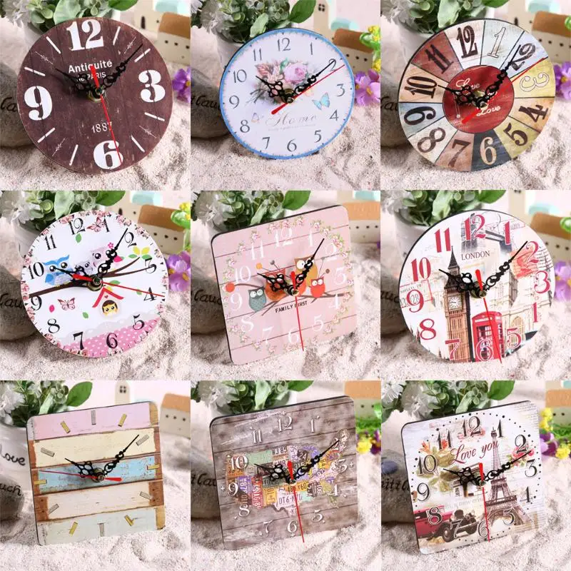 

Vintage Wooden Round Square Wall Clock Large Shabby Chic Rustic Kitchen Home Antique Living Room Decorations