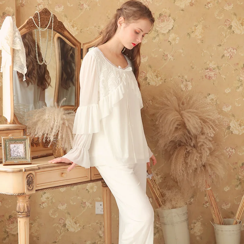 2 шт. пижамный комплект Вышивка Топы сна длинные штаны осень зима пижамы для женщин ночное белье Белый Розовый хлопковые
