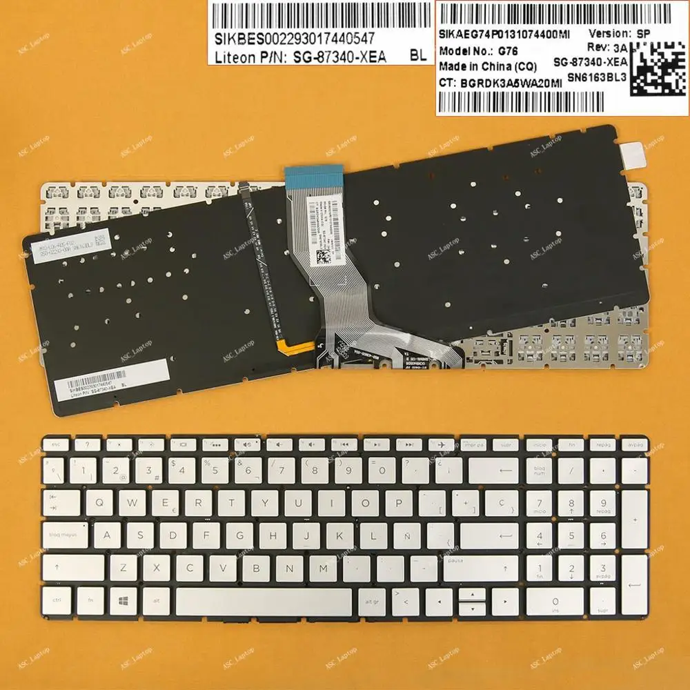 Nuova Tastiera Teclado Spagnola Sp Per Laptop Hp 250 G6 255 G6 256 G6 258 G6 Argento Con Retroilluminazione