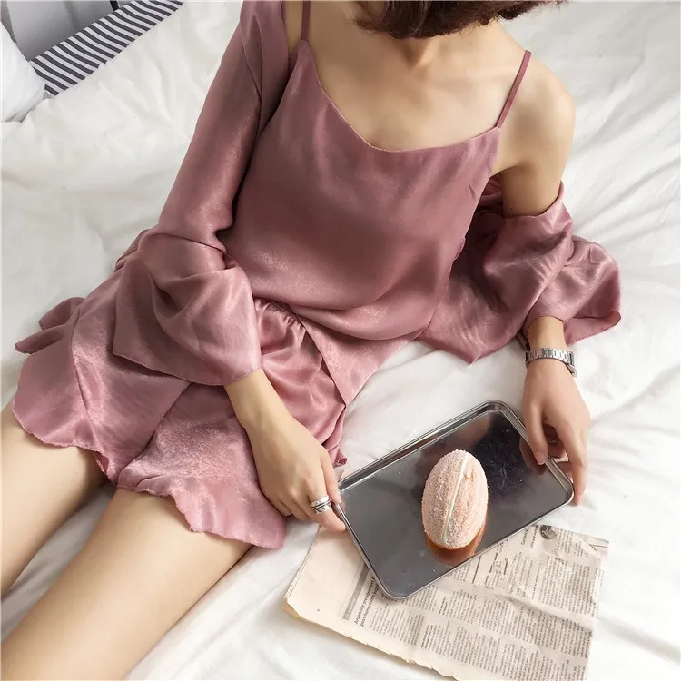 

2019 Summer Women Casual Ruffles Cotton Polyester 3 Pcs Pajamas Sets Fashion Sleeveless Sleepwear