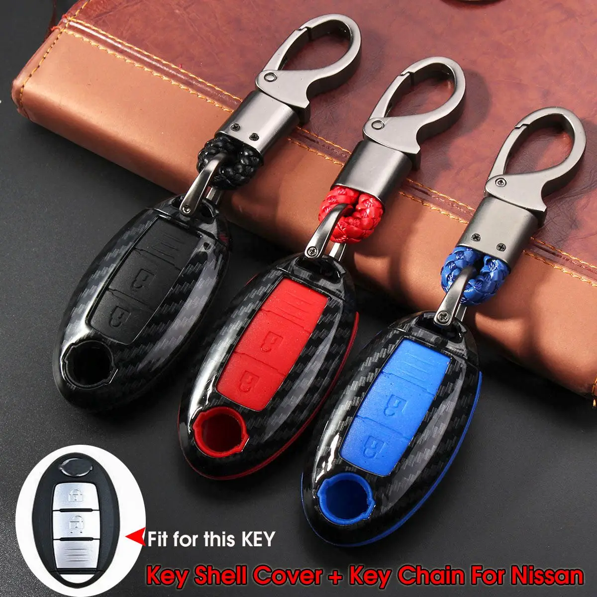 

Car Carbon Fiber Remote Key Cover Case Shell 3 Buttons Key with Key Chain For Nissan