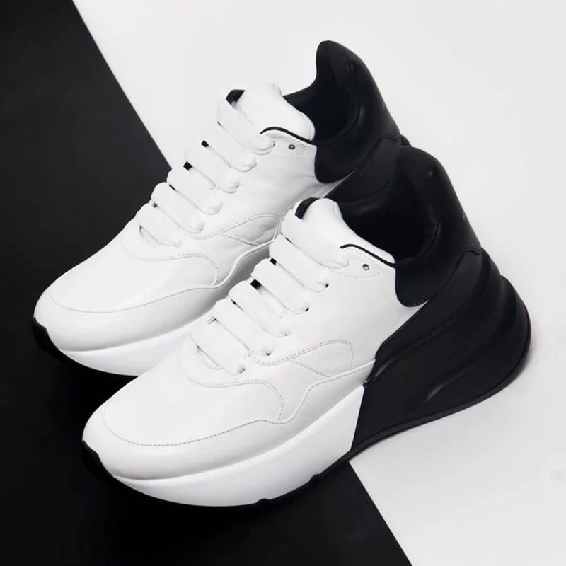 

19ss Mixed Color Leather Thick Bottom Casual Sport Shoes Round Toe Lace Up Court Sneakers Soft Flat Platform Running Woman Shoes