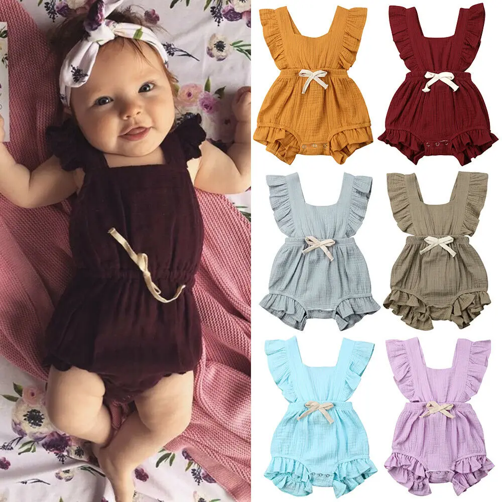 

Newborn Baby Girls Ruffle Romper Jumpsuit Outfits Sunsuit Summer Sleeveless Backless Cotton Rompers