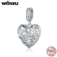 WOSTU, 925 пробы, Серебряное сердце, талисман, CZ, бисер, подходит для оригинального браслета, браслет, подвеска, талисманы для изготовления ювелирных изделий CQC1126