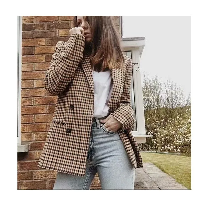 New V-Neck Turn-Down Collar Plaid Blazer Coat Vintage Woman Double Breasted Long Sleeved Jacket Casual Checked Loose Coats