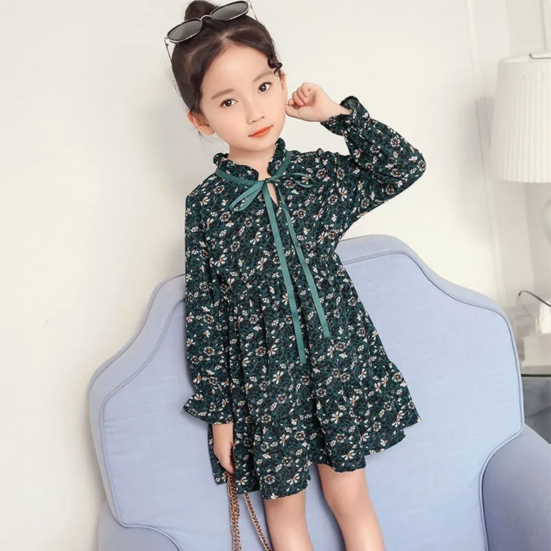 Платье с длинными рукавами для девочек; коллекция года; весенние платья для маленьких девочек; Модная одежда с цветочным принтом для маленьких детей; зеленая школьная детская одежда