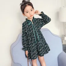 Платье с длинными рукавами для девочек; коллекция года; весенние платья для маленьких девочек; Модная одежда с цветочным принтом для маленьких детей; зеленая школьная детская одежда