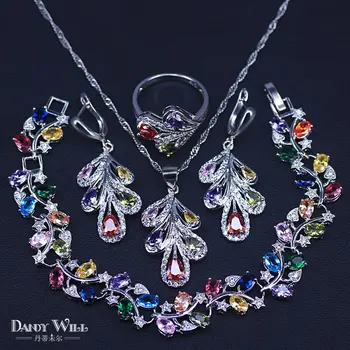 

4 Pcs Big Leaf Multi Color Elegant Women Prom Party Silver Color Cubic Zirconia Necklace Bracelets Jewelry Set