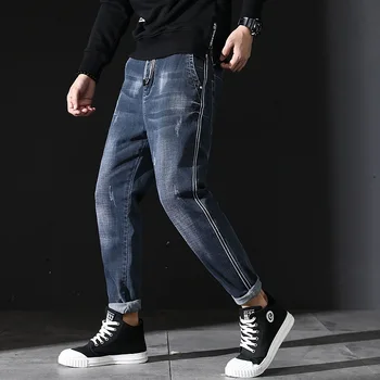 

#2048 Black Blue Denim Jeans Men Side Striped Ripped Jeans For Men Size 42 Loose Jeans Homme Spring Autumn Man Distressed Jeans