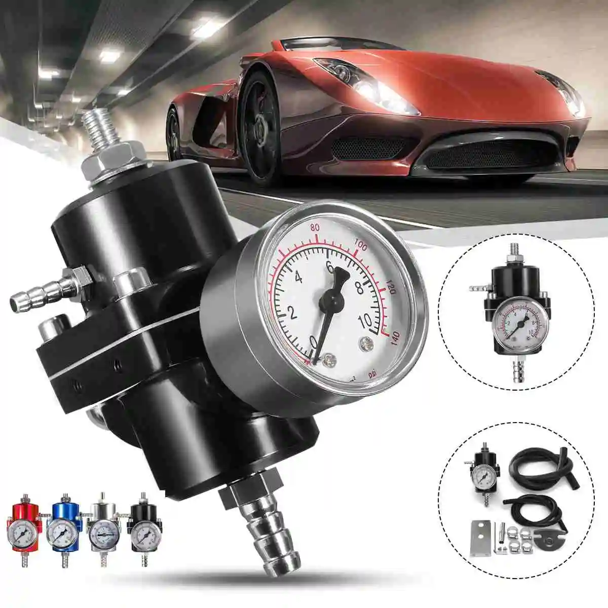 

0-140PSI Universal Car Fuel Pressure Regulator With Gauge Adjustable black blue red silver