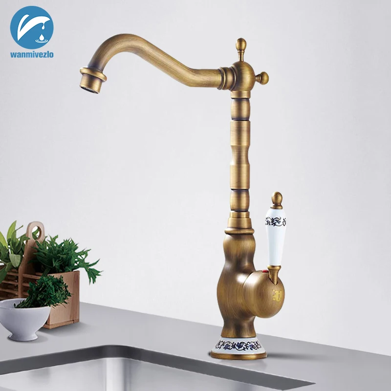 

Blue and white porcelain Handle Kitchen Faucet Antique Brass Deck Mount Hot and cold Bathroom Crane Vanity Sink Mixer Taps