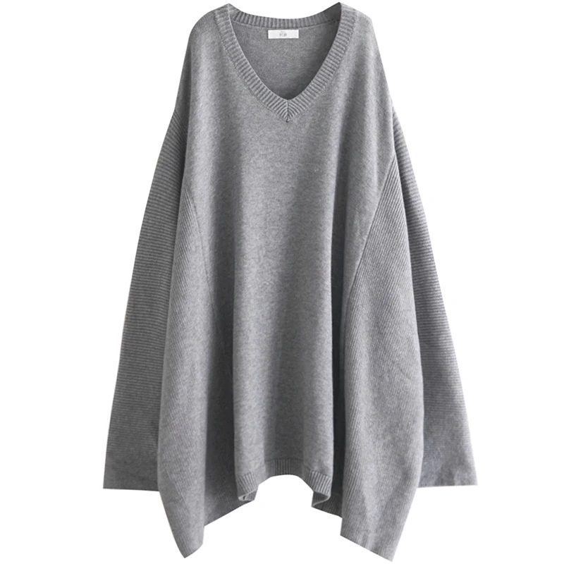 

[EWQ] 2019 Spring Winter Fashion New Long Batwing Sleeve V-collar Solid Knitting Pullovers Casual Loose Sweater Women AC371