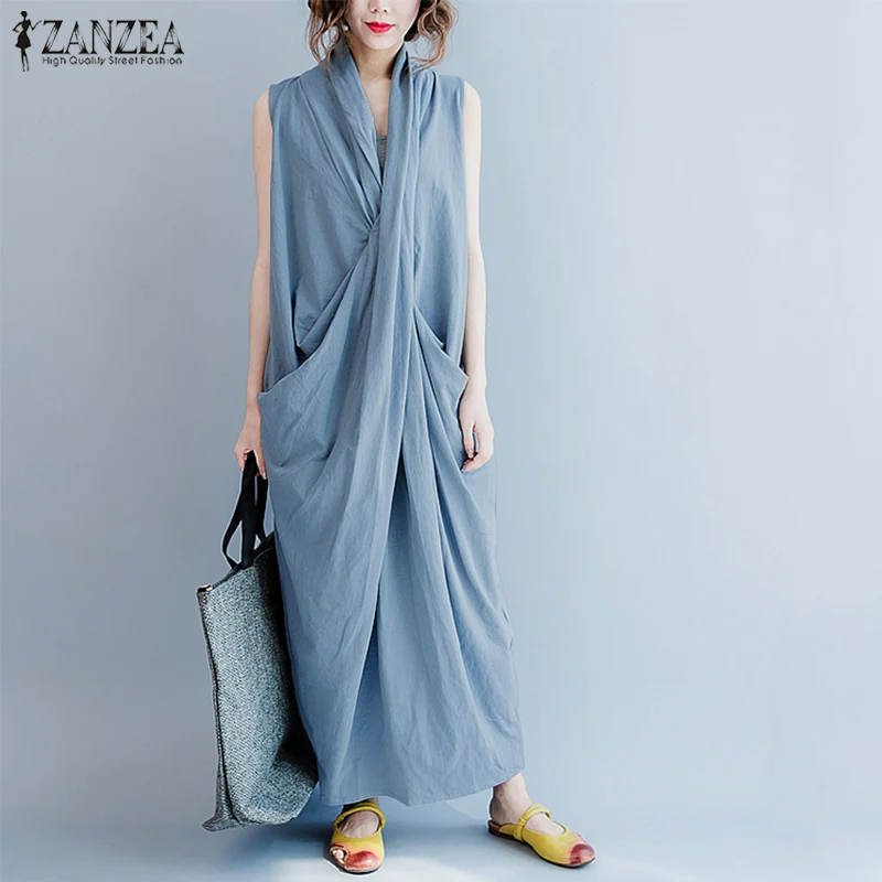 

Summer Women Long Dress 2019 ZANZEA Casual Sleeveless Deep V Neck Asymmetric Maxi Vestido Oversized Beach Party Dress Robe Femme