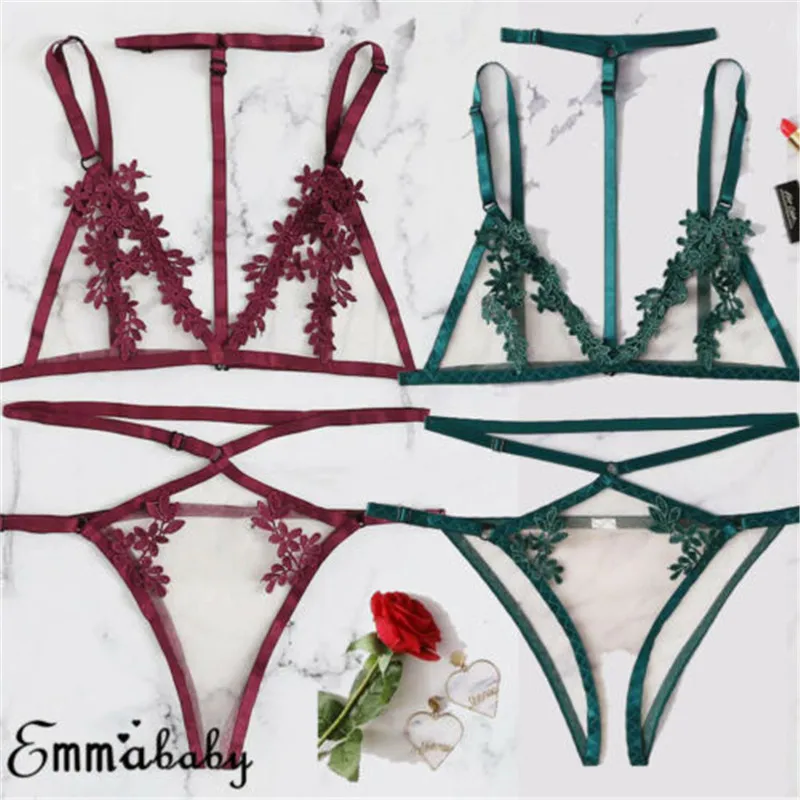 

Bra+Set Women Lady Sexy Lingerie Lace Underwear Sleepwear Solid Red Green G-String Lingerie Femme Bandage Thong Bra Bikini Set