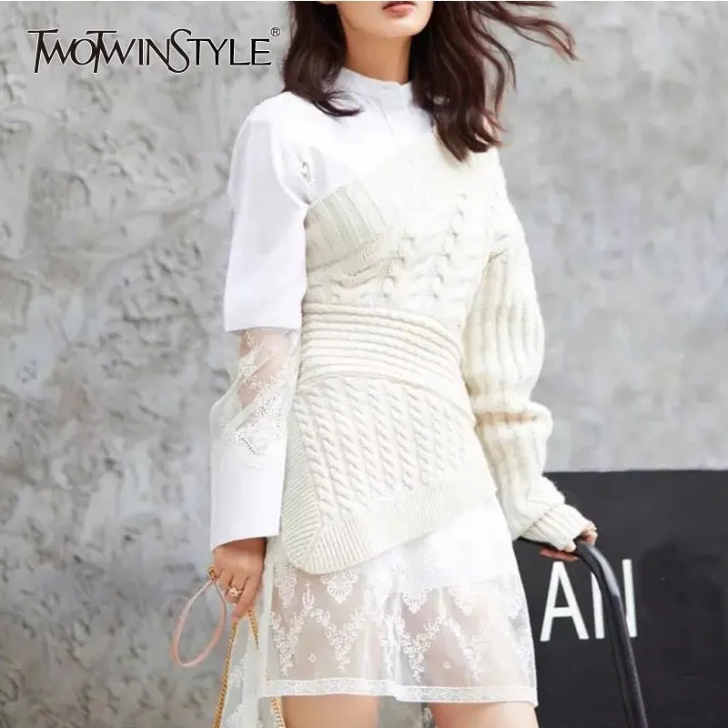

TWOTWINSTYLE Knitting Pullover Tops Female Irregular Off Shoulder Long Sleeve Asymmetrical Sweater Women 2019 Spring Fashion