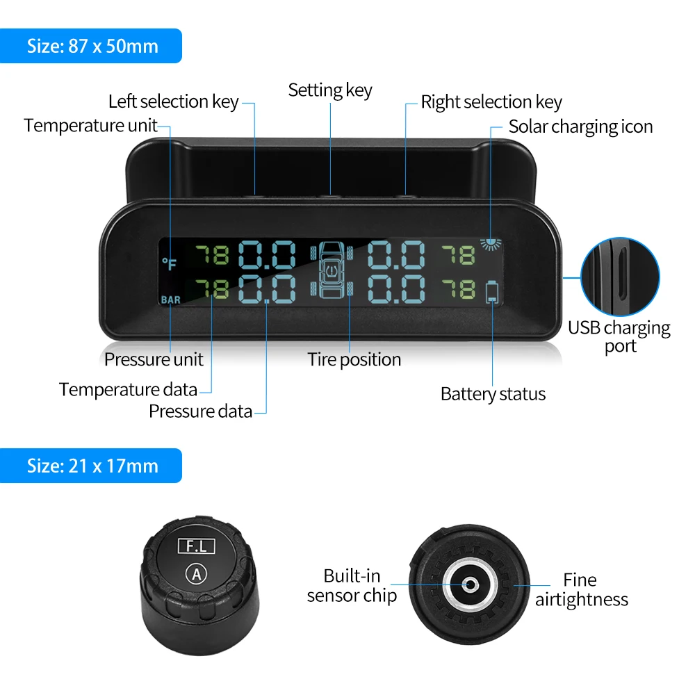 ZEEPIN C260 система контроля давления в шинах солнечная система TPMS Универсальный в реальном времени ЖК-экран сигнализация давления в шинах с 4 внешними датчиками