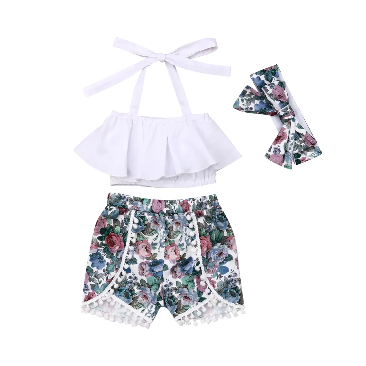 3PCS Toddler Baby Girls Clothes Tassel Top Bow Pant Headband Outfits Set Sunsuit
