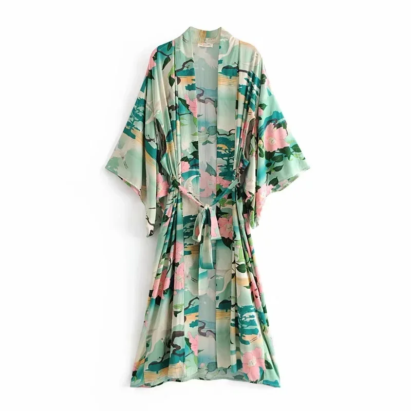 

Green Floral Print Bird Women Jacket Cardigan Long Sleeve Loose Beach Maxi Kimono 2019 Spring Summer Female Boho Chic Tops