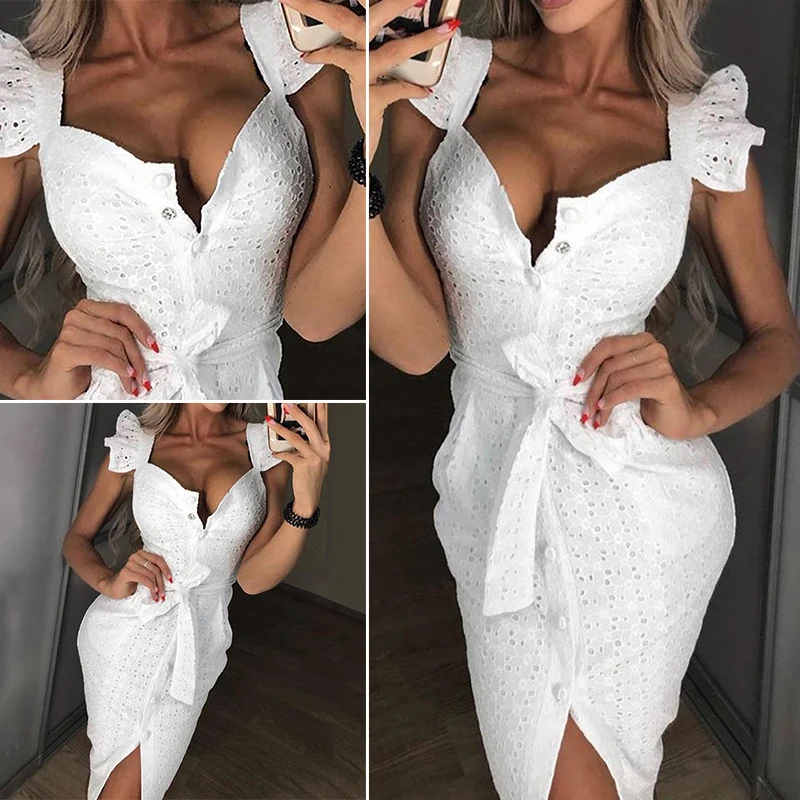 إمرأة اللباس الدانتيل يصل Bodycon الصلبة مساء أنيقة زر الجبهة سليم Clubwear