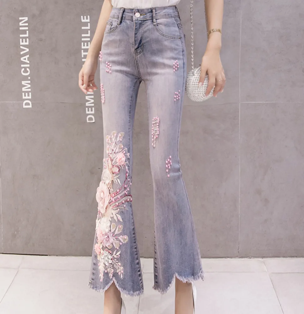 Женские эластичные джинсы с высокой талией, 3D Цветочная вышивка, Аппликации, жемчуг, джинсовые длинные брюки, женские расклешенные брюки, повседневные джинсы с блестками