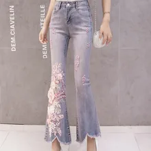 Женские эластичные джинсы с высокой талией, 3D Цветочная вышивка, Аппликации, жемчуг, джинсовые длинные брюки, женские расклешенные брюки, повседневные джинсы с блестками