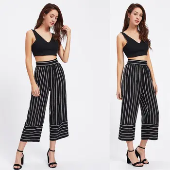 

New Summer Women Casual High Waist Bandage Pants Fashion Ladies Striped Wide Leg Loose Long Pants Trousers