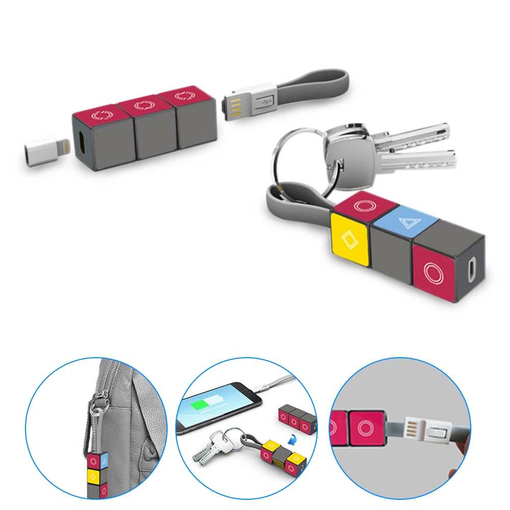 

Magic Cube Lighting Micro USB Cable Adapter for iPhone iPad Android Type C Adapter Keychain 3 in 1 Portable Data Charging Line