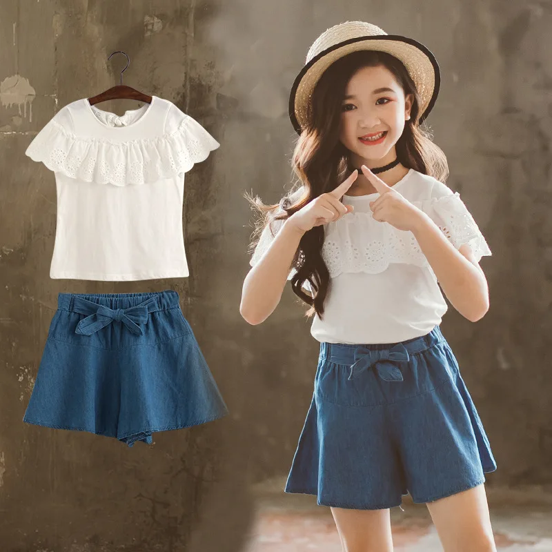 

Girls suit summer new casual sportswear T-shirt + denim skirt suit children's clothing