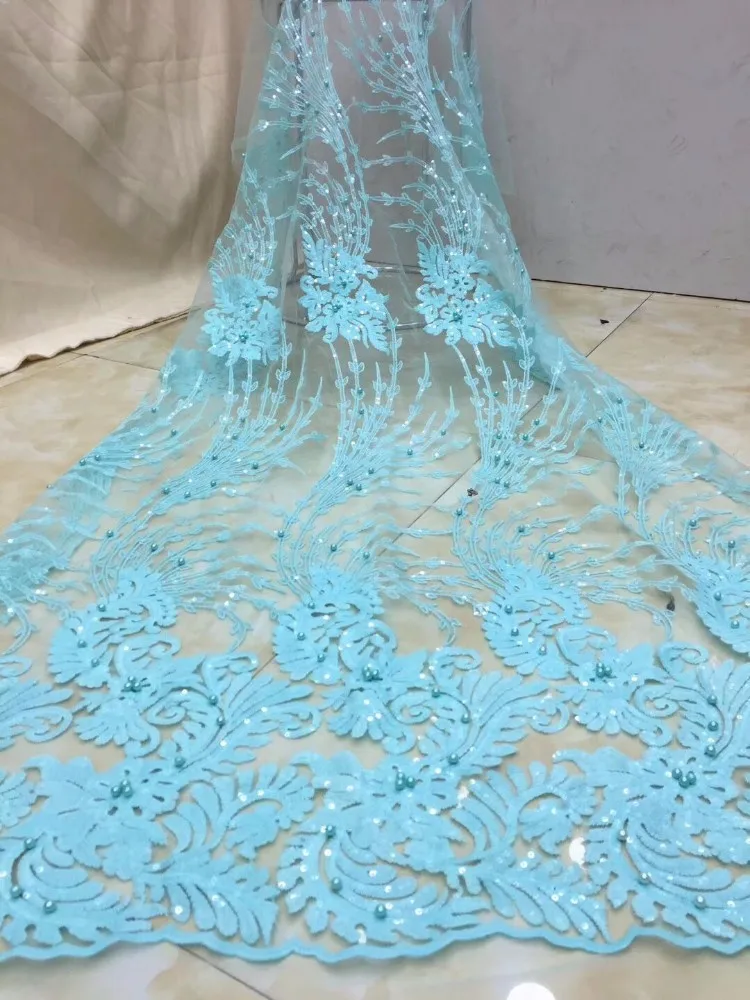 

Latest SKY BLUE African Lace Fabric/ High Quality Nigeria Mesh Lace/ French Tulle Beaded Lace Fabric For Fashion Dresses