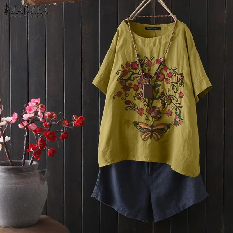 2019 زائد حجم ZANZEA الصيف تيز المرأة عارضة قصيرة الأكمام الزهور التطريز القطن الكتان فضفاض حزب تونك قمم قميص فام 2019 زائد حجم ZANZEA الصيف تيز المرأة عارضة قصيرة الأكمام الزهور التطريز القطن الكتان فضفاض حزب تونك قمم قميص فام