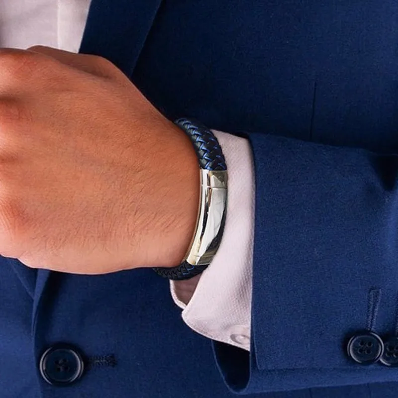 Персонализированные гравируемые мужские тонкие синие линии плетеный кожаный мужской браслет с регулируемой застежкой из нержавеющей стали