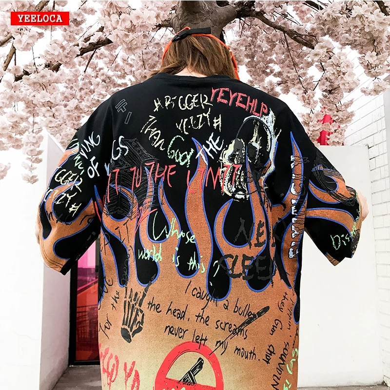 Новинка, летняя и весенняя футболка в стиле хип-хоп с изображением пламени и граффити, мужская и женская повседневная хлопковая рубашка большого размера с коротким рукавом