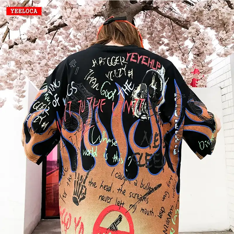 19夏春の新炎落書きヒップホップtシャツ男性と女性のカジュアル特大綿ジョーカー半袖シャツ服 Tシャツ Aliexpress