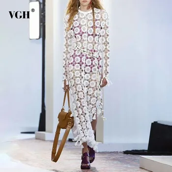 

VGH Summer Solid Straight Dress For Women O Neck Long Sleeve Tassel Perspective Ankle-length Dresses Female Fashion 2020 New