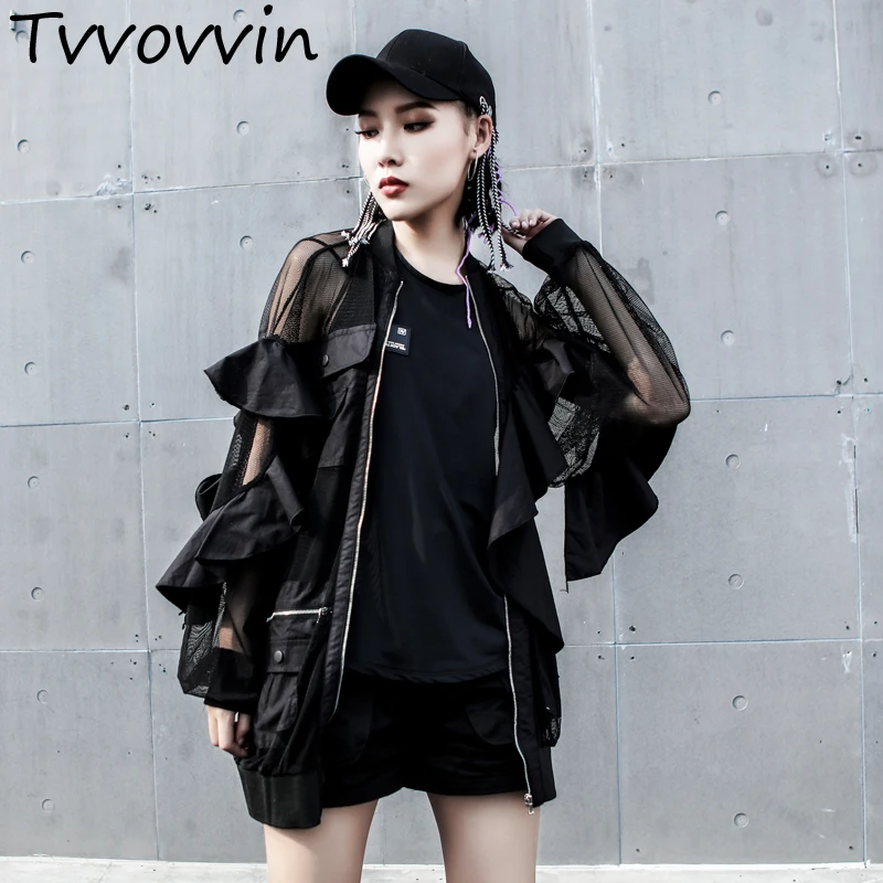 

TVVOVVIN 2019 Loose Mesh Fabric Transparent Coat For Woman Light Thin Black Long Sleeve Loose Large Size Sunscreen Clothes AS694