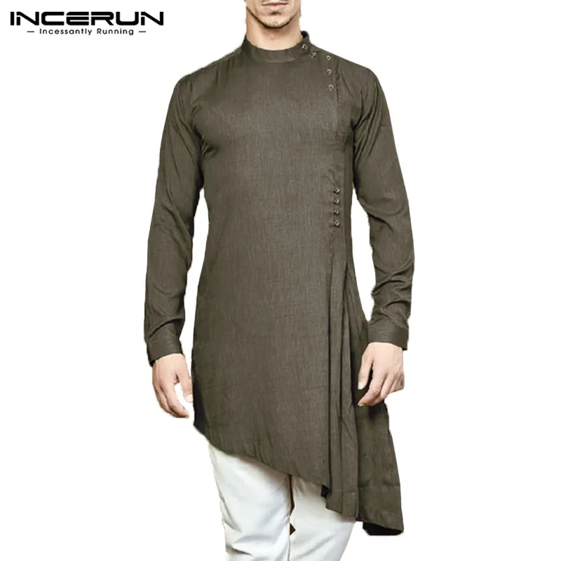 الرجال قميص الهندي كورتا دعوى بلون طويلة الأكمام القطن عارضة قمم الرجال الإسلامية مسلم العربية قفطان الرجال طويلة قميص 3XL INCERUN