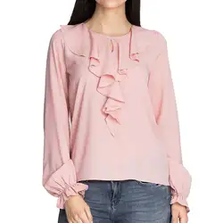 Для женщин повседневные шифоновые Блузы свободные рюшами Блузка однотонная с длинными рукавами и круглым вырезом Осенняя рубашка